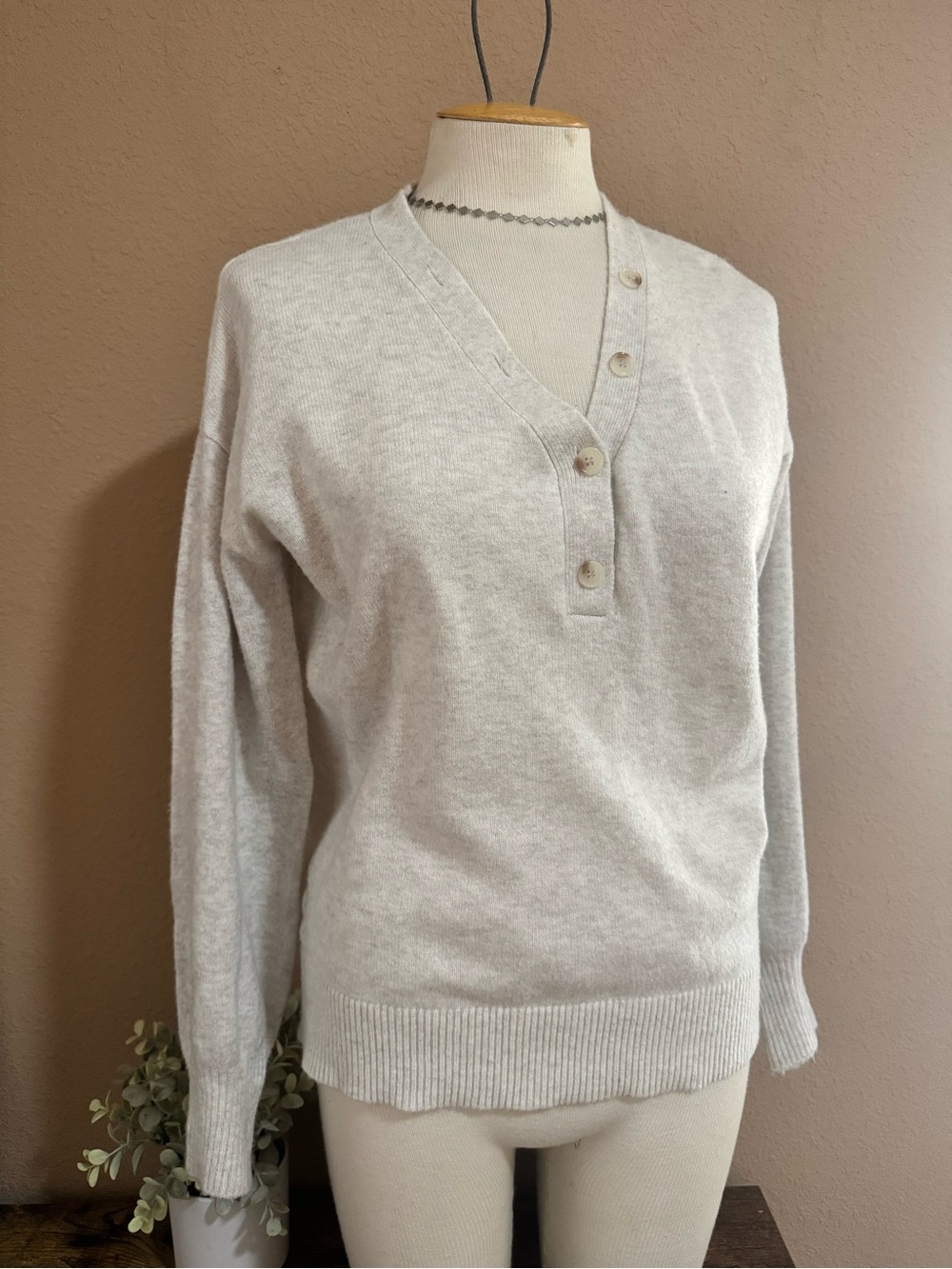 LOFT Light Gray V-Neck Button Pullover Sweater